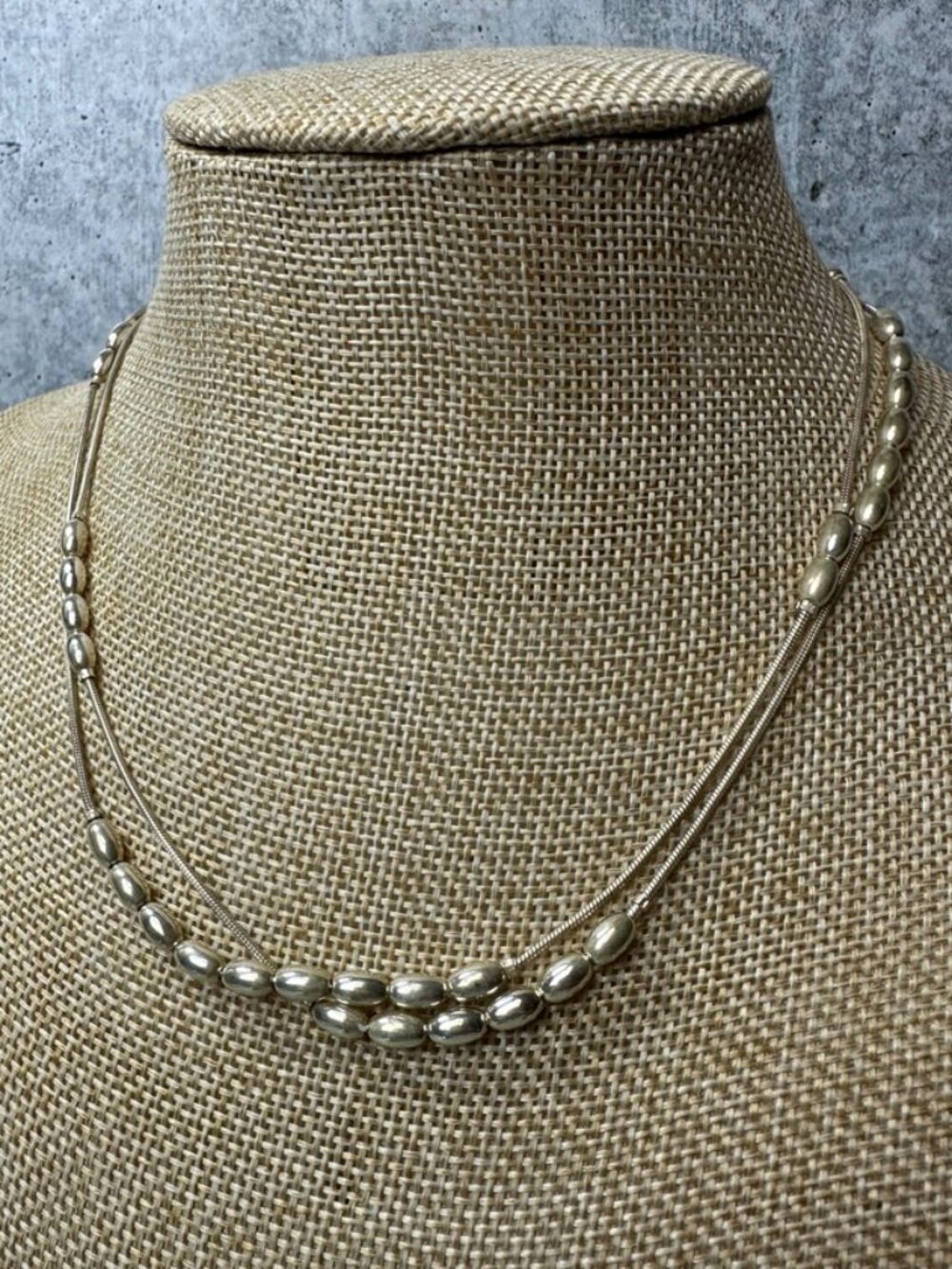 vintage multi-strand liquid silver necklace polished oblong rice beads